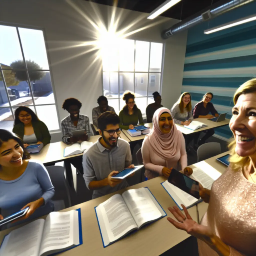 Angolt tanuló diákok és tanár egy modern, barátságos tanteremben