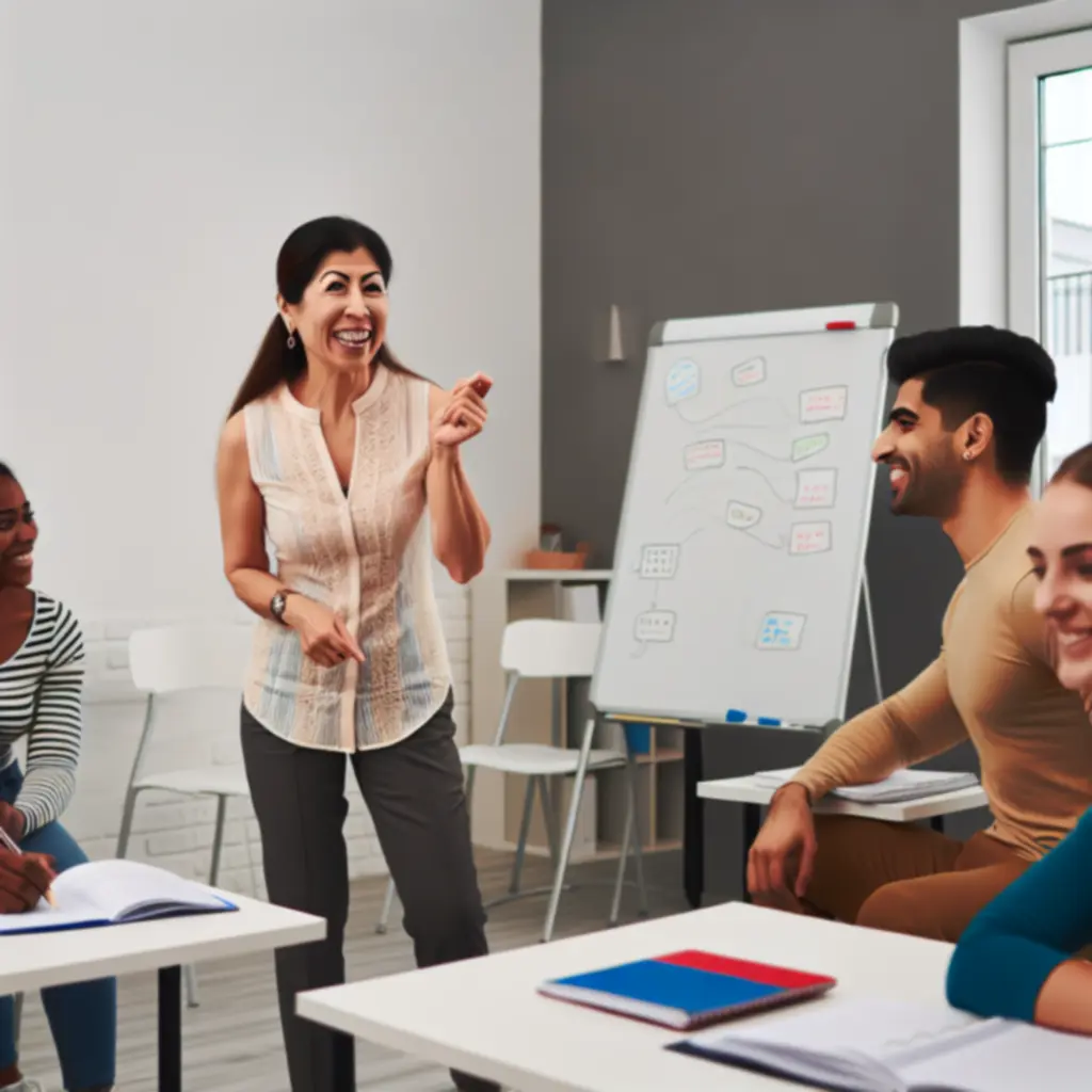 Nyelvi workshopon együtt dolgozó résztvevők és oktató