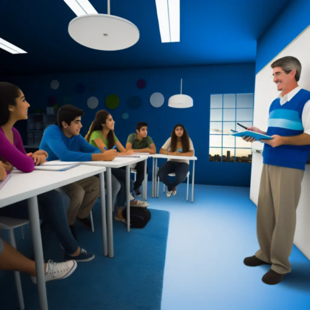 Mosolygó nyelvtanár interaktív feladatot végez diákokkal egy modern tanteremben